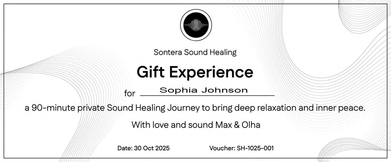 Gift-ready sound healing instruments arranged with crystal bowls and gongs in the Sontera studio